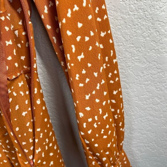 Topshop Sz 4 Long Sleeve Rust Orange Spot Chiffon Collared Midi Shirt Dress - Picture 13 of 16